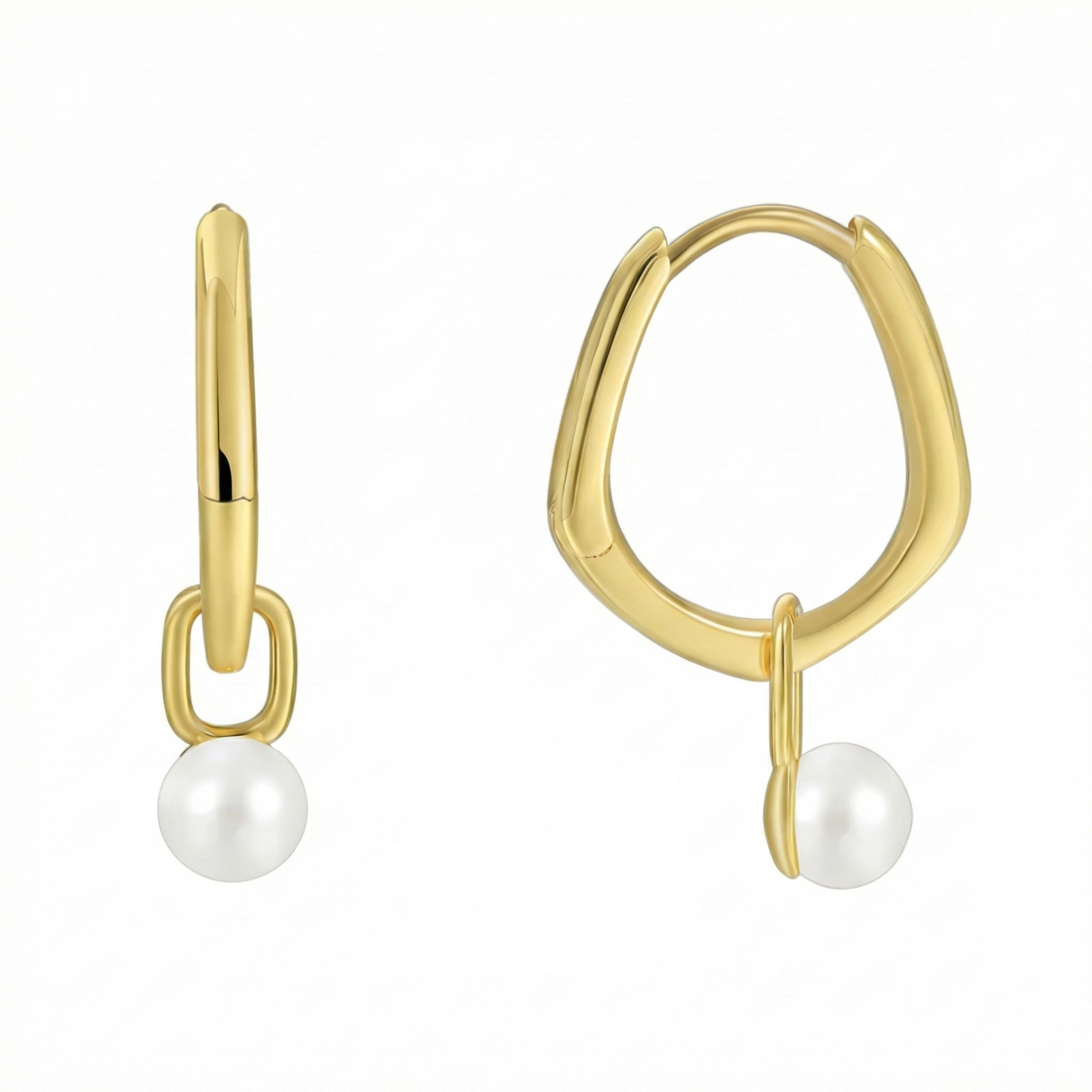 Créoles dorées or 18k asymétriques avec perle blanche pendante